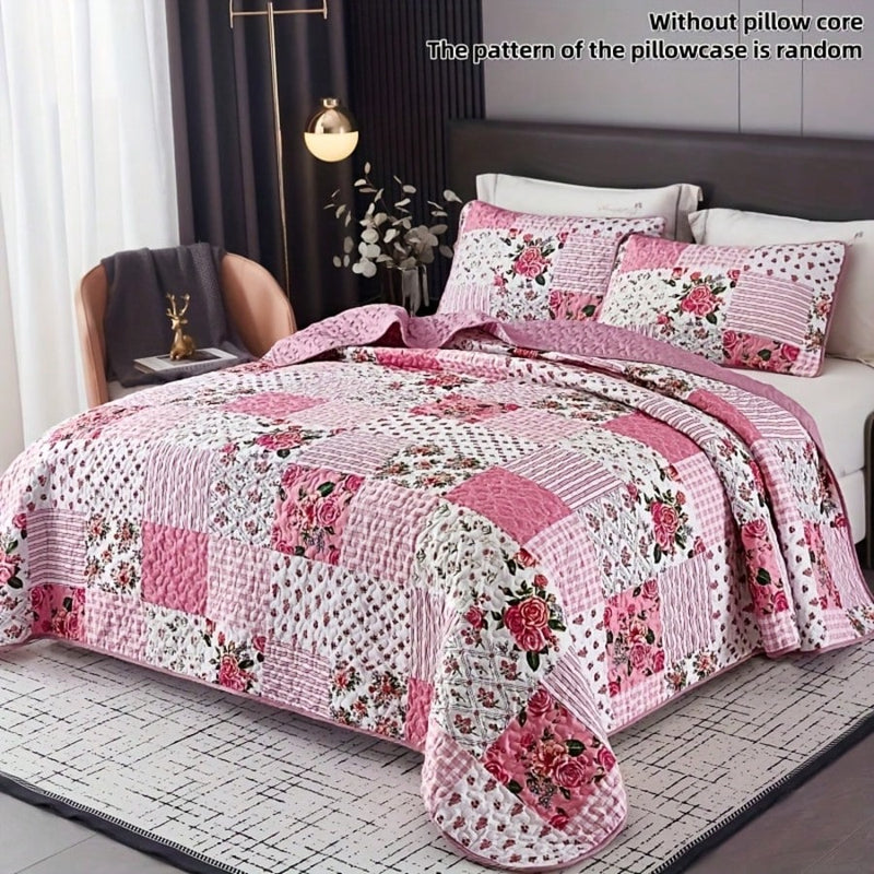 3-Piece Sweet Pink Quilted Bedspread Set With Floral Patchwork Print, Includes 1 Bedspread And 2 Pillowcases, Machine Washable, Suitable For All Seasons, Soft Breathable Comfortable Bedroom Dorm Room Decor Bedding Set